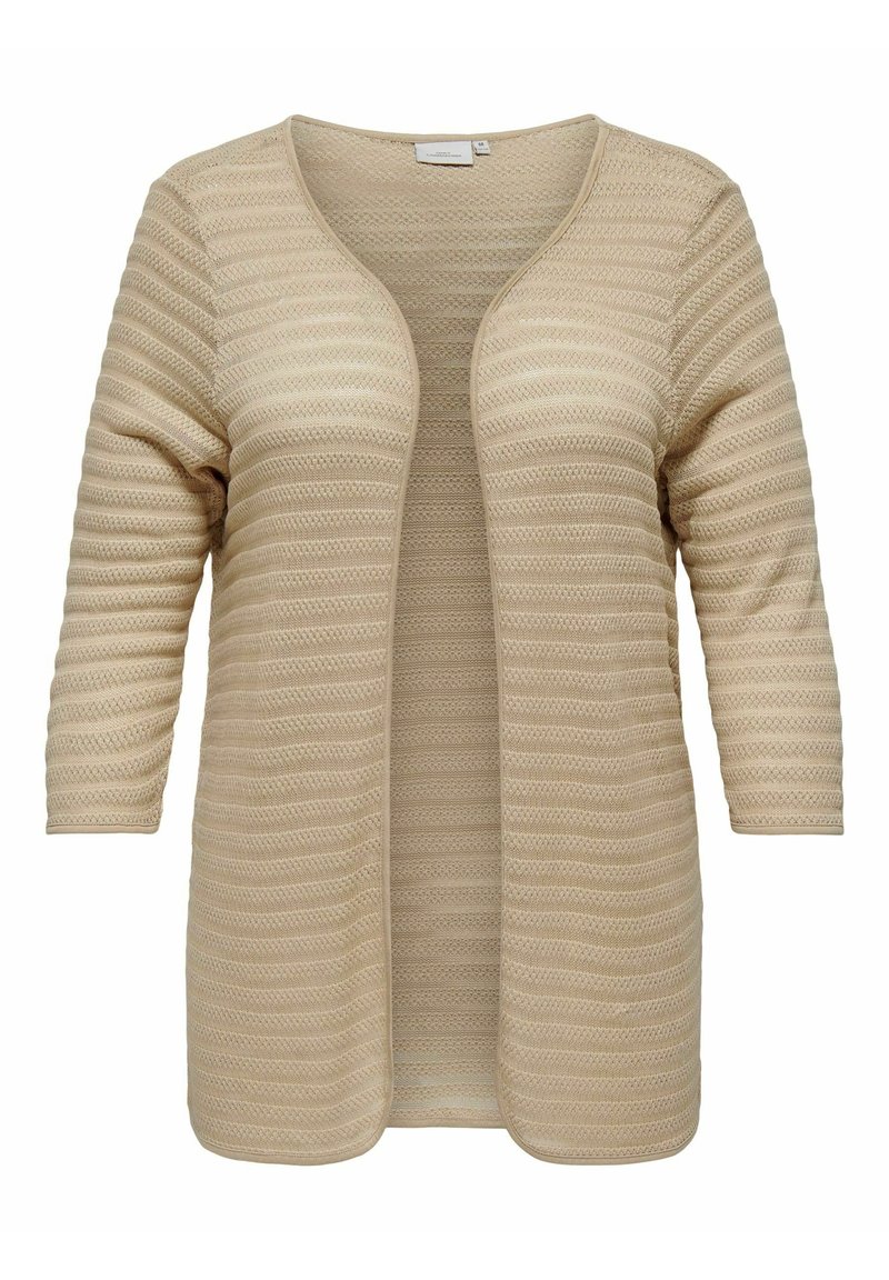 Beige otevřený cardigan vyrobený z texturované pleteniny, s ribovaným vzorem, dlouhými rukávy a uvolněným střihem.