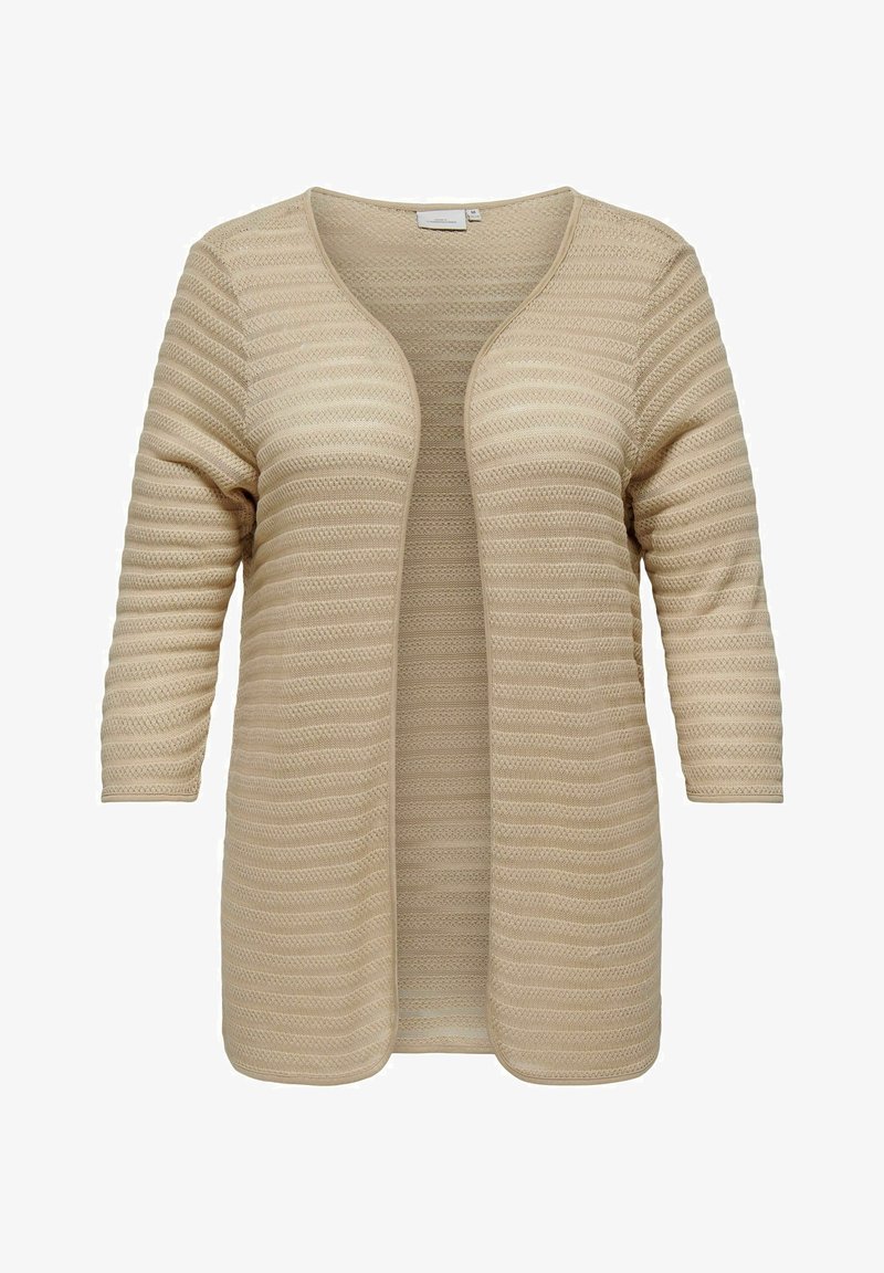 Beige otevřený cardigan vyrobený z texturované pleteniny, s ribovaným vzorem, dlouhými rukávy a uvolněným střihem.