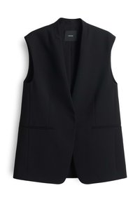 Schwarze ärmellose Blazerjacke in strukturierter Ausführung, mit einem Schalkragen und zwei vorderen Taschen sowie einer glatten Textur.
