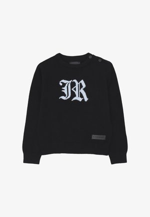Maglione nero a maglia con maniche lunghe, caratterizzato da ricamo bianco "JR" sulla parte anteriore e un piccolo etichetta sull'orlo inferiore. Include bottoni sulle spalle.