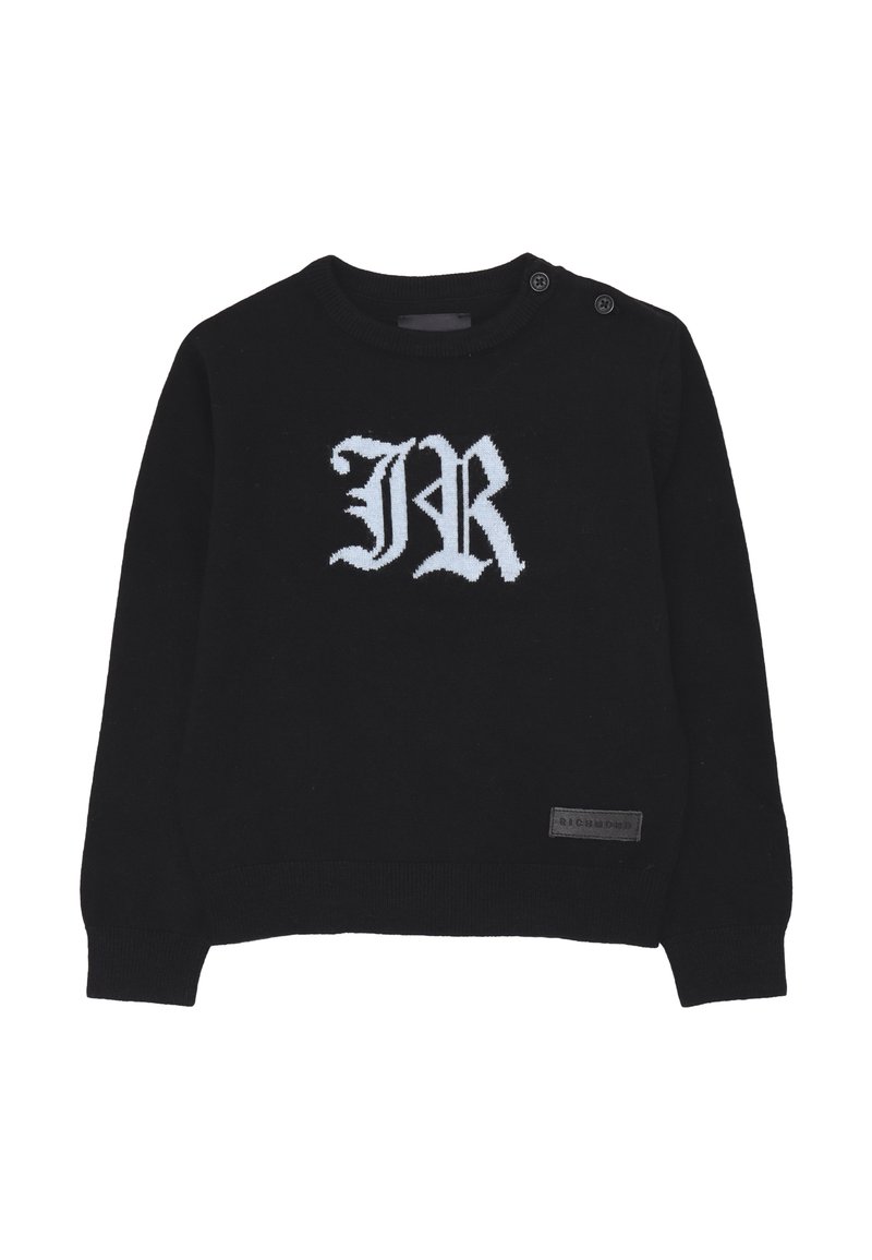 Maglione nero a maglia con maniche lunghe, caratterizzato da ricamo bianco "JR" sulla parte anteriore e un piccolo etichetta sull'orlo inferiore. Include bottoni sulle spalle.