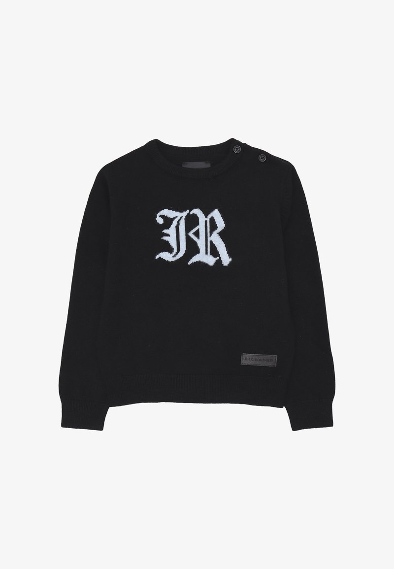 Maglione nero a maglia con maniche lunghe, caratterizzato da ricamo bianco "JR" sulla parte anteriore e un piccolo etichetta sull'orlo inferiore. Include bottoni sulle spalle.