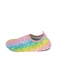 Bunte Slipper mit einem Verlaufsdesign in Rosa, Grün und Blau, einem weichen Textiloberteil und einer leichten Sohle.
