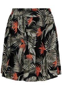 Černá sukně s tropickým vzorem listu a květinou ráje v odstínech zelené, béžové a oranžové, s plisováním a elastickým pasem.