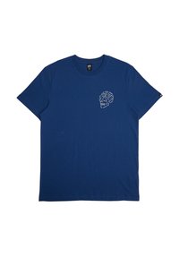 Navy blue cotton t-shirt featuring a white embroidered skull design on the left chest. Classic crew neck and short sleeves, smooth texture.