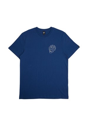 Navy blue cotton t-shirt featuring a white embroidered skull design on the left chest. Classic crew neck and short sleeves, smooth texture.