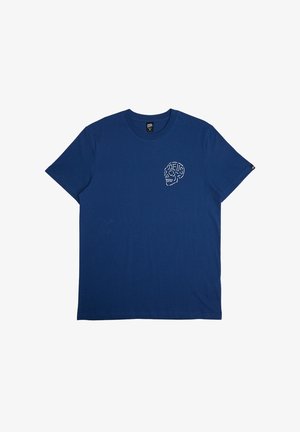 Navy blue cotton t-shirt featuring a white embroidered skull design on the left chest. Classic crew neck and short sleeves, smooth texture.