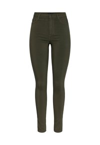 Olive green skinny jeans made from stretchy fabric, featuring a mid-rise waist, five-pocket design, and subtle stitching details.