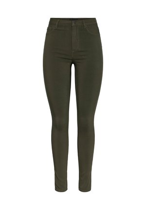 Olivengrønne smale jeans laget av elastisk stoff, med middels høy midje, femlommers design og diskrete sømdetaljer.