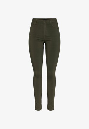 Olijfgroene skinny jeans gemaakt van rekbare stof, met een taille op midhoogte, vijfzakkenontwerp en subtiele stikseldetails.