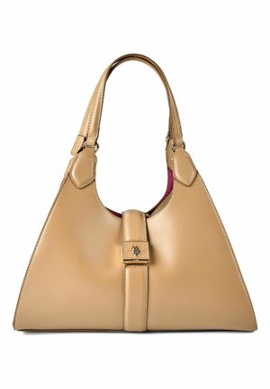 Borsa a mano in pelle beige con forma triangolare, manici doppi, cinturino centrale e piccolo dettaglio logo metallico, interno foderato in rosa scuro.