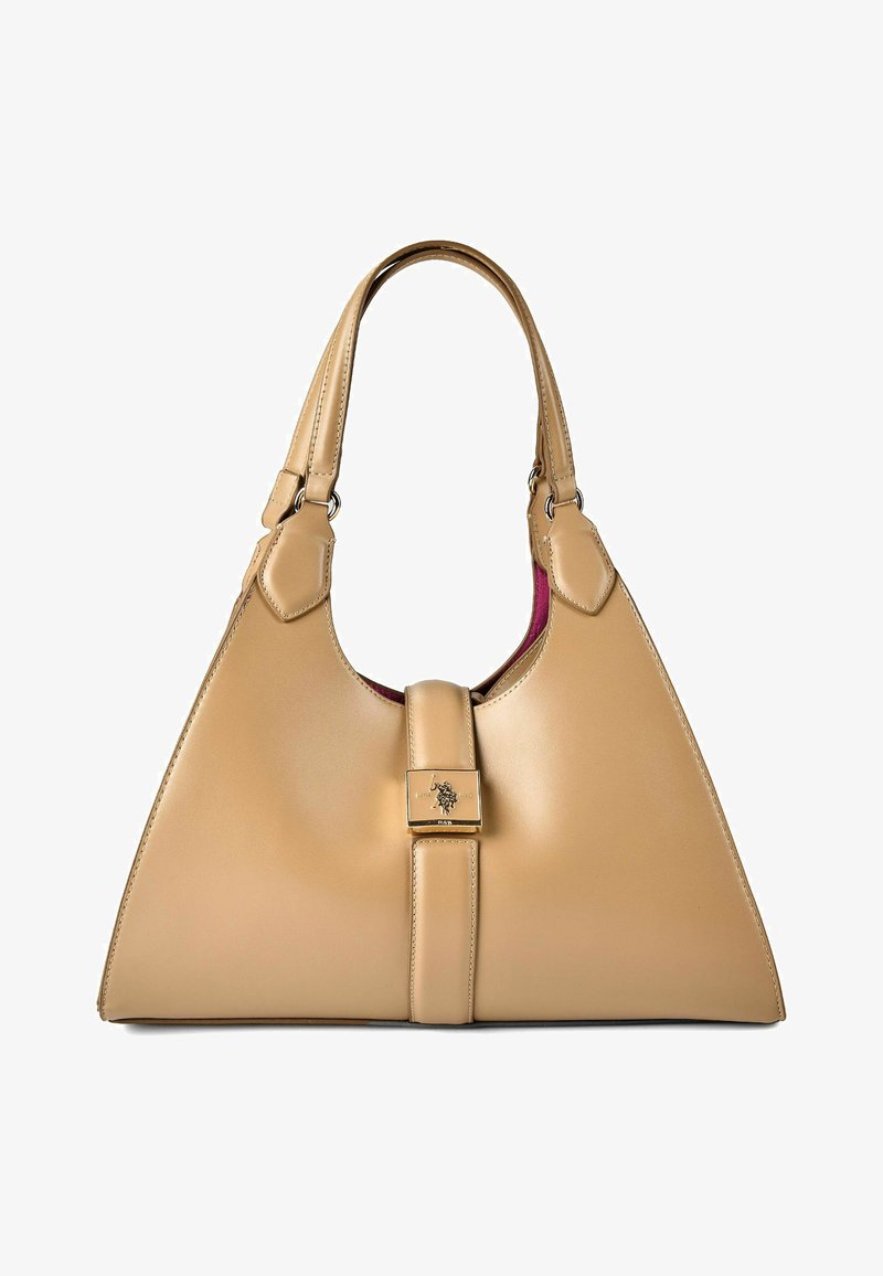 Sac à main en cuir beige avec forme triangulaire, doubles poignées, sangle centrale et petit détail de logo métallique, intérieur doublé de rose foncé.