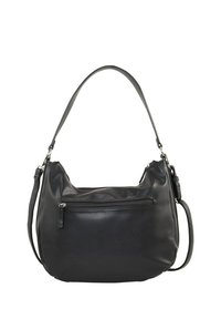 Sac à épaule en simili cuir noir avec un design courbé, une bandoulière réglable et une poche zippée à l'avant. Texture lisse avec un léger éclat et un style minimalist.