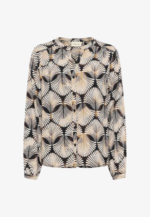 Czarna bluzka z długim rękawem w kremowy i złoty wzór liści, z zapięciem na guziki, bez kołnierzyka i lekkiego materiału.