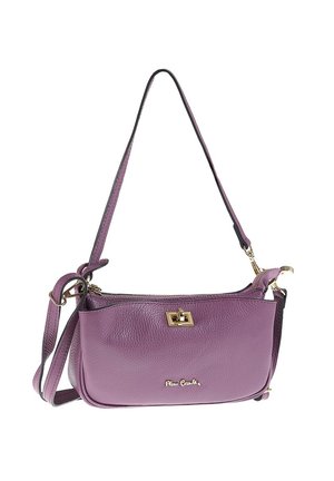 Paarse lederen handtas met een korrelige textuur, voorzien van een gouden sluiting en verstelbare riem. Minimalistisch ontwerp met een rits als sluiting.