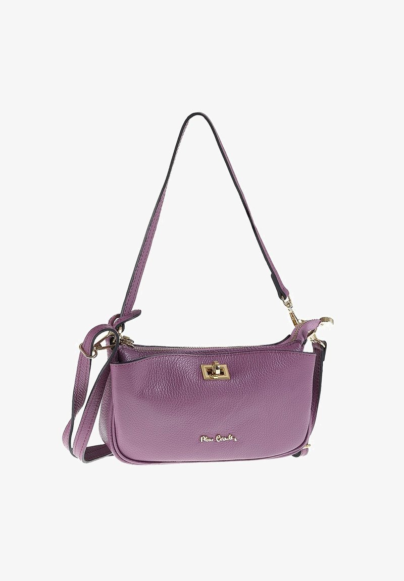 Lila Lederhandtasche mit genarbter Textur, ausgestattet mit einem goldfarbenen Verschluss und verstellbarem Riemen. Minimalistisches Design mit Reißverschluss.