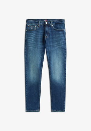 Vaqueros ajustados azul denim con detalles descoloridos, cierre frontal con botones, trabillas para cinturón y diseño de cinco bolsillos.