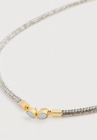 Zilveren ketting met een gouden sluiting, voorzien van ovale details van witte emaille, liggend op een witte ondergrond.