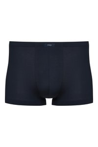 Marineblauwe boxershorts van een gladde stof. Voorzien van een voorzak en een logo tailleband. Eenvoudige, op maat gemaakte snit en zonder zichtbare patronen.