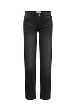 Schwarze gerade geschnittene Denim-Jeans mit Vordertaschen, Gürtelschlaufen und Knopfverschluss, auf einem weißen Hintergrund präsentiert.