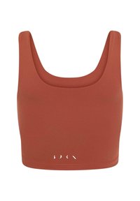 Rostfärgad crop top med en bred, rundad halsringning. Tillverkad av slät, elastisk tyg med en subtil logotypdetalj vid nederkanten.