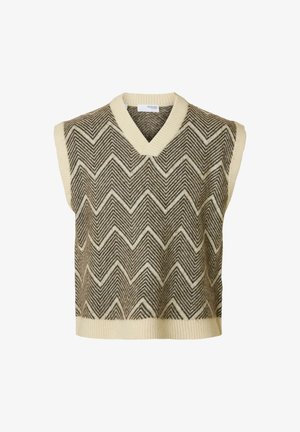 Gilet sans manches tricoté en crème et marron avec un motif en chevrons. Il présente un col en V et un ourlet côtelé. Texture douce avec une coupe décontractée.