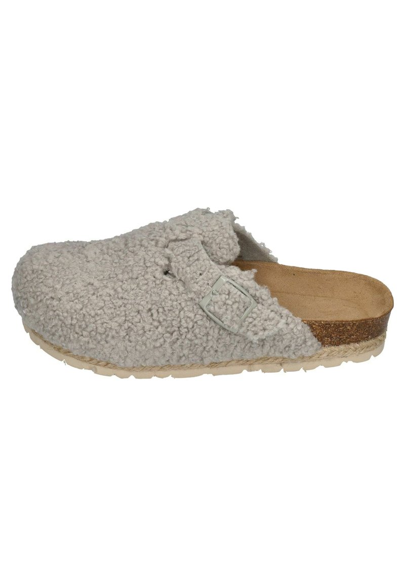 Gray, fuzzy-cloth clogs with a side buckle, cork footbed, textured surface, and a soft, rounded shape. Rubber sole for grip.