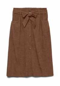 Bruine corduroy rok met een ceintuur in de taille, voorknoopsluiting en twee zijzakken. Glad textuur met een verticaal ribbelpatroon.