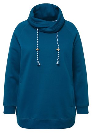 Teal sweatshirt met een col, verstelbare trekkoorden met gouden accenten, lange mouwen en een voorzak. Zachte stof met een gladde textuur.