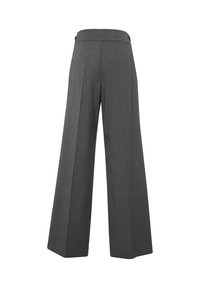 Pantaloni a gamba larga in tessuto grigio scuro, con una texture liscia, pinces e una vita piatta con bottoni decorativi sul retro.