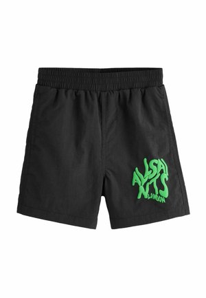 Schwarze Badeshorts mit elastischem Bund zeigen auf der linken Seite einen lebendigen grünen Schriftzug "ALLSAINTS LONDON".