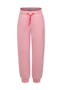 Pantaloni della tuta rosa chiaro con vita elastica, cordoncino di contrasto rosa, tasche laterali e polsini affusolati. Presenta il logo sulla gamba.