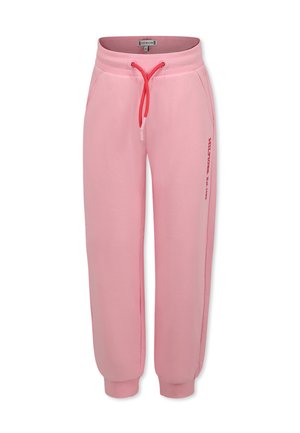 Pantaloni della tuta rosa chiaro con vita elastica, cordoncino di contrasto rosa, tasche laterali e polsini affusolati. Presenta il logo sulla gamba.