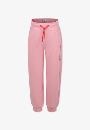 Pantaloni della tuta rosa chiaro con vita elastica, cordoncino di contrasto rosa, tasche laterali e polsini affusolati. Presenta il logo sulla gamba.