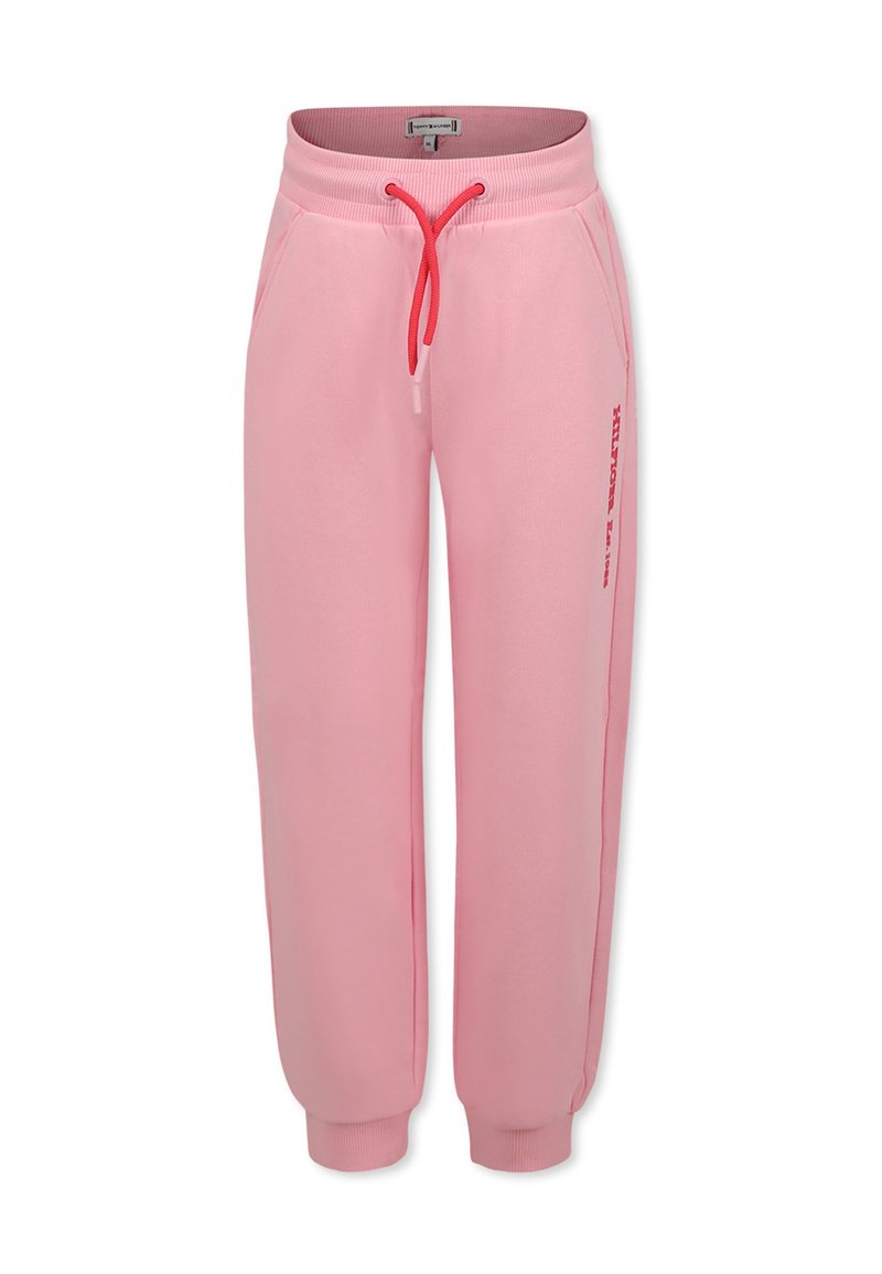 Pantaloni della tuta rosa chiaro con vita elastica, cordoncino di contrasto rosa, tasche laterali e polsini affusolati. Presenta il logo sulla gamba.