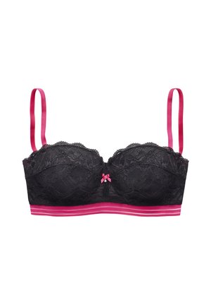 Schwarzer Spitzen-BH mit pinkfarbenen verstellbaren Trägern, einer pinken Schleife mit Charme in der Mitte und einem pinkfarbenen elastischen Band am unteren Rand.