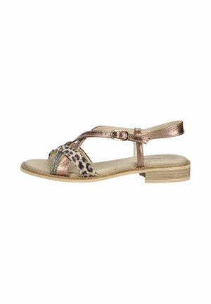 Open-toe flat sandal with metallic rose gold straps, leopard print accent, fabric detail, and adjustable ankle buckle.