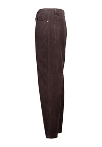 Bruine corduroy broek met een rechtlopende pasvorm, voorzien van twee achterzakken en een subtiele textuur van ribbelstof. Inclusief riemlussen.