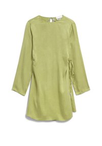 Hellgrünes, langärmliges Kleid aus glattem Stoff. Verfügt über einen Rundhalsausschnitt, seitliche Raffung und einen Schlüssellochausschnitt mit Bindeschluss.