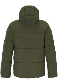 Veste doudoune verte avec capuche, présentant un design matelassé, une texture rembourrée et une finition lisse. Vue de dos, sans embellissements visibles.