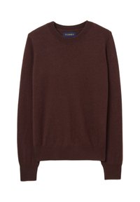 Maglione di lana marrone con collo rotondo, maniche lunghe, polsini e orlo a coste, texture morbida e design minimalista. Etichetta: PIOMBO.
