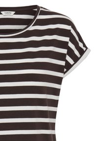 Chemise à manches courtes rayée horizontalement noir et blanc avec col rond et un petit détail de manche retroussée.