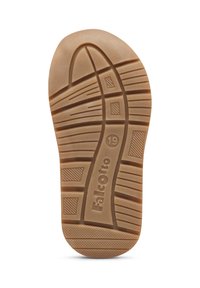 Sole in gomma di colore beige con motivo rigato per una maggiore trazione. Presenta il marchio "Falcotto" e un'impronta della taglia "19". Texture liscia con aree di presa variabili.
