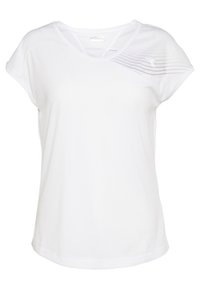 Bílé sportovní tričko s krátkým rukávem a výstřihem do V s jemným diagonálním pruhovaným vzorem na pravém rameni.