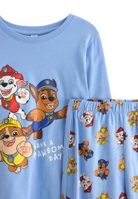 Light blue cotton pajamas featuring cartoon dog characters. Top has graphic text reading "HAVE A PAWSOME DAY." Pants have repeated character pattern.
