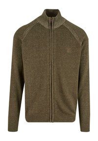 Olive-green zip-up sweater with a ribbed collar and cuffs. Made from textured knit fabric with subtle variations in color and a smooth finish.