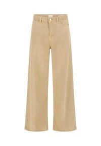 Pantalones de pierna ancha beige hechos de tela suave. Presenta un cierre de botón y cremallera, bolsillos delanteros y una textura lisa. Con dobladillos rectos.