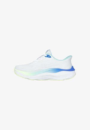 White athletic shoe with light blue and green gradient sole details, breathable mesh upper, and blue lace eyelet accent.