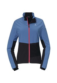 Chaqueta exterior azul y negra con cremallera frontal completa, acentos en rosa contrastante y mangas largas. Fabricada con un tejido ligero y suave.