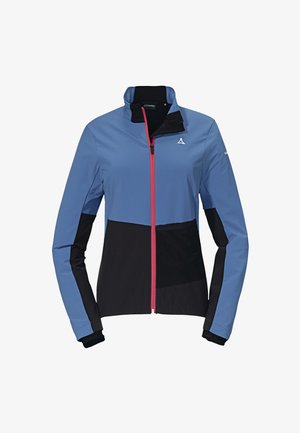 Blaue und schwarze Outdoor-Jacke mit vollem Frontreißverschluss, kontrastierenden pinken Akzenten und langen Ärmeln. Hergestellt aus leichtem, glattem Stoff.